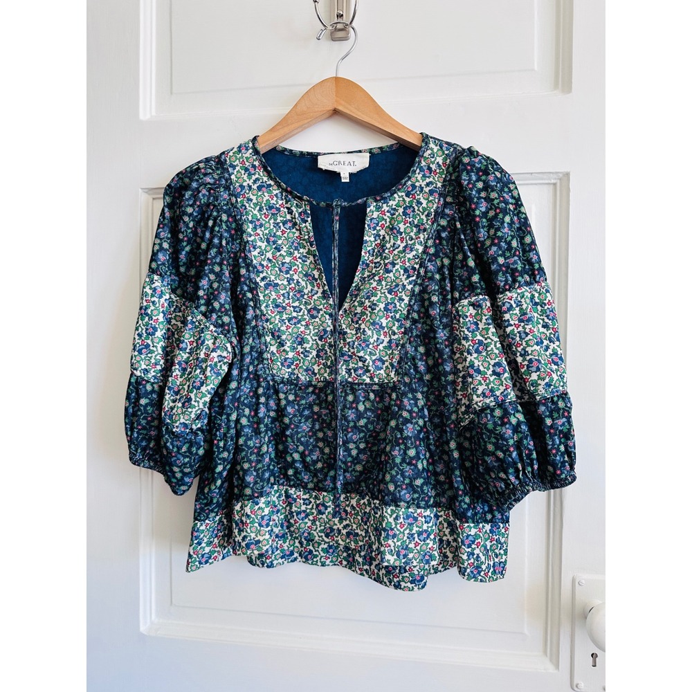The Great Floral Corduroy Patchwork Top Navy Blue Puff Sleeve Blouse Size 0